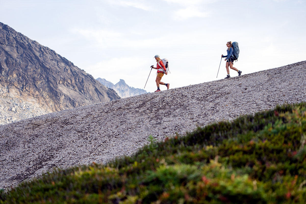 Women's hiking shorts (group backpacking shot)